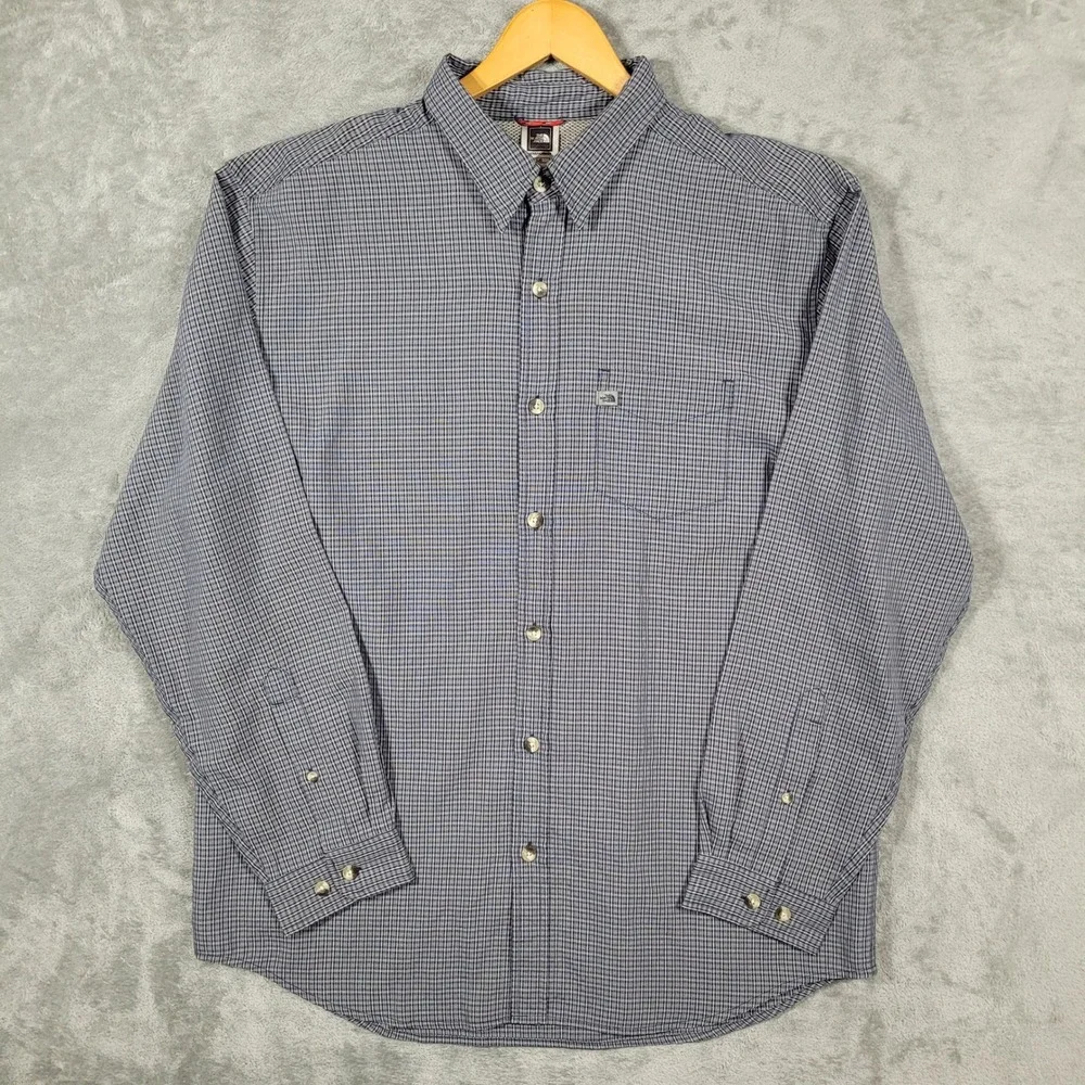 Vintage The North Face Button Shirt Mens L Blue Plaid Long Sleeve Hiking Modal